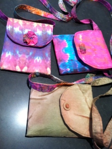 Top: Bags made from wide Landscape dyed silk scarfBottom: Bag from natural dyed silk scarf